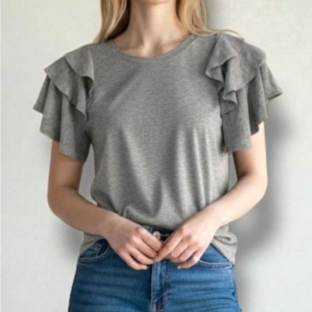 English Factory | Ruffled‎ Shoulder Mixed Media Gray Tee Size Small
